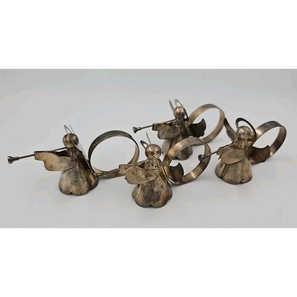 Vintage Regal Silver‎ Plated Angel With Trumpets Napkin Holder Rings Set Of 4
